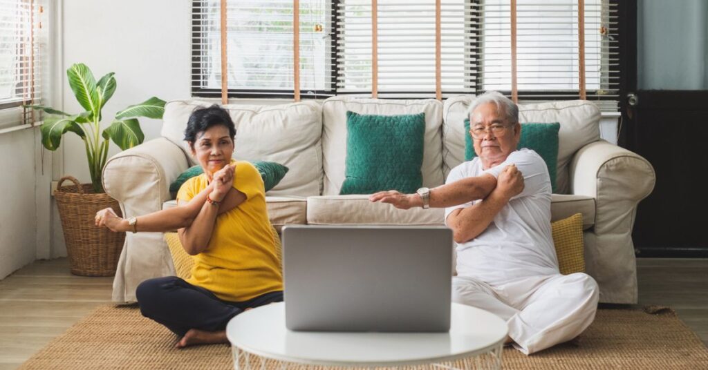 old couple stretching