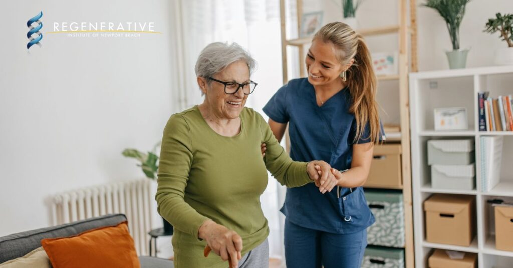 healthcare professional helping an old woman