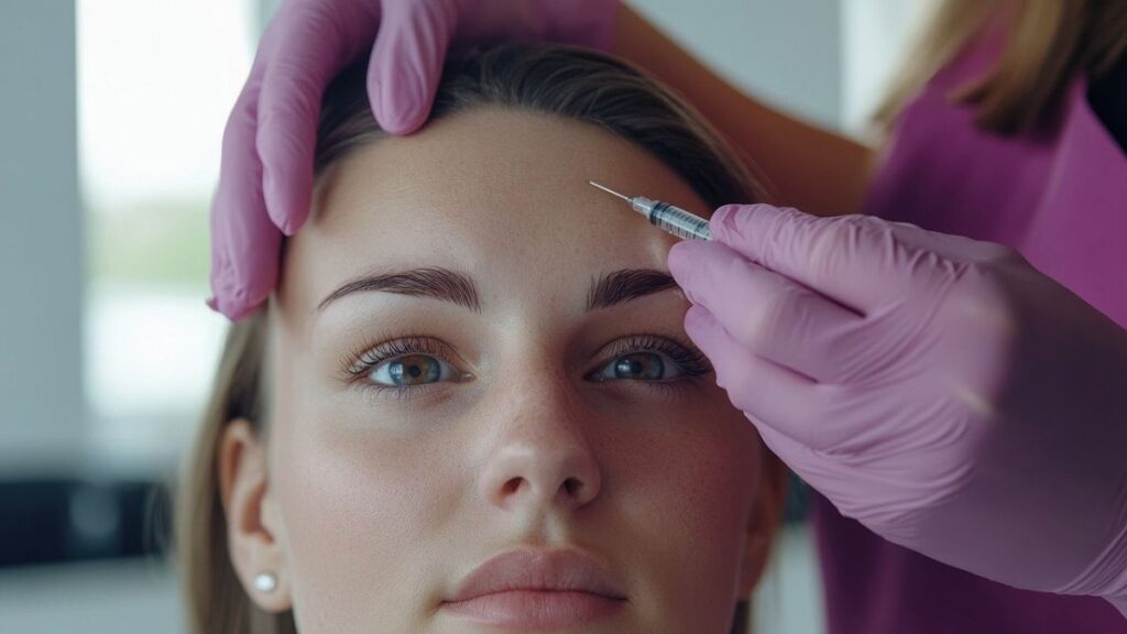 A woman having her botox injection by a doctor in a professional environment.