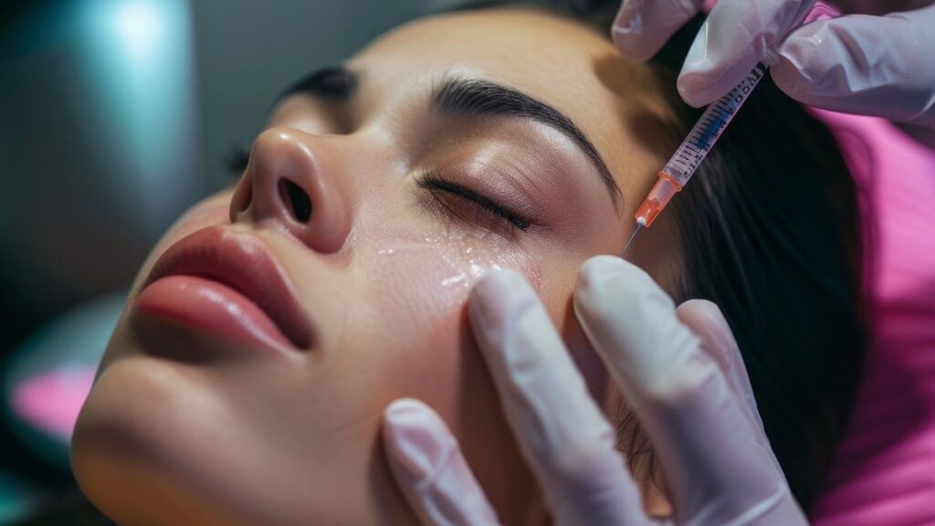 A woman receiving a facial injection, showcasing a professional setting and focused attention on her treatment.